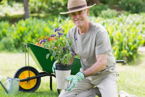 Low-maintenance landscaping in Eden Park with mulch and shrubs